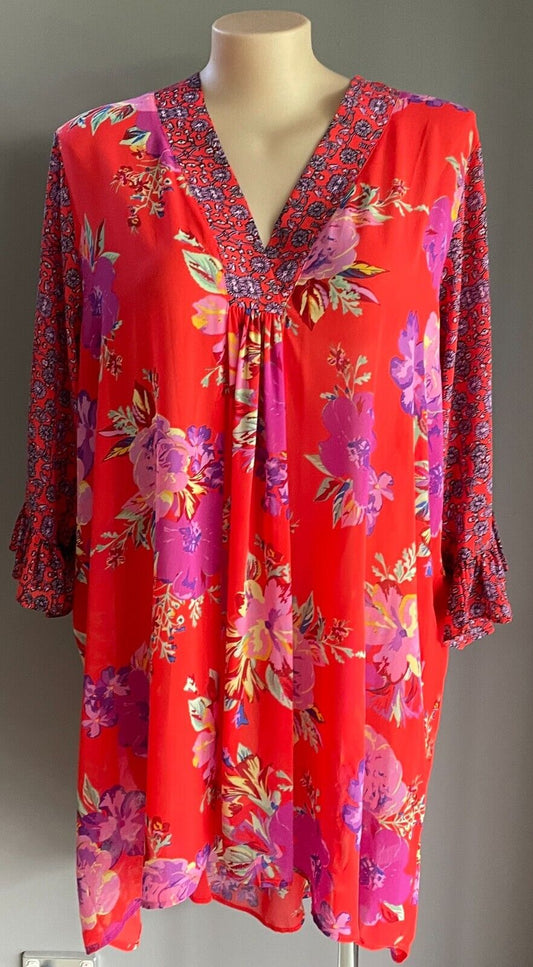 SARA Hi Low Top Bright Orange Floral Print 3/4 Ruffle Sleeve Blouse Plus Size 24