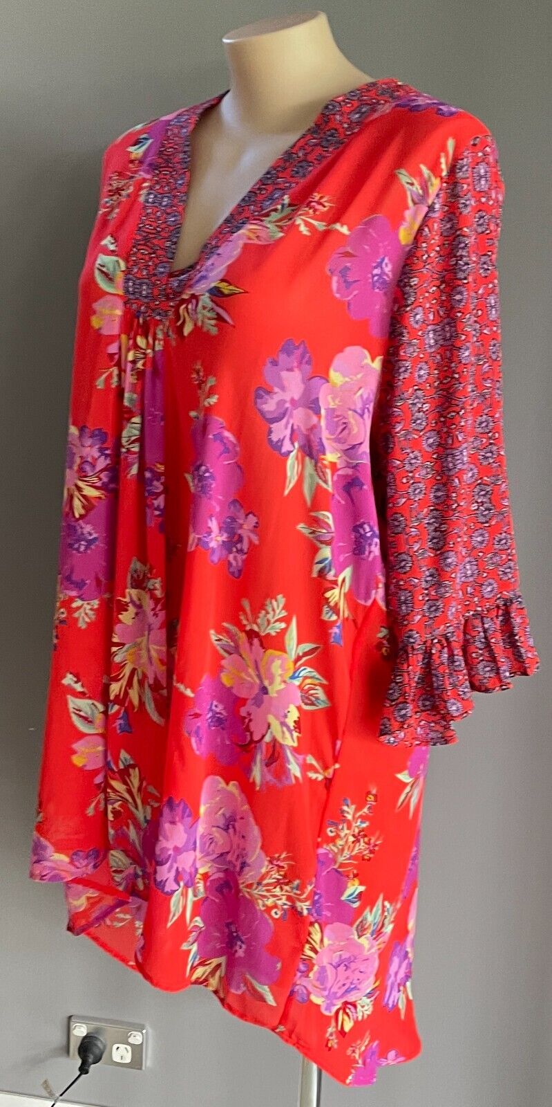 SARA Hi Low Top Bright Orange Floral Print 3/4 Ruffle Sleeve Blouse Plus Size 24