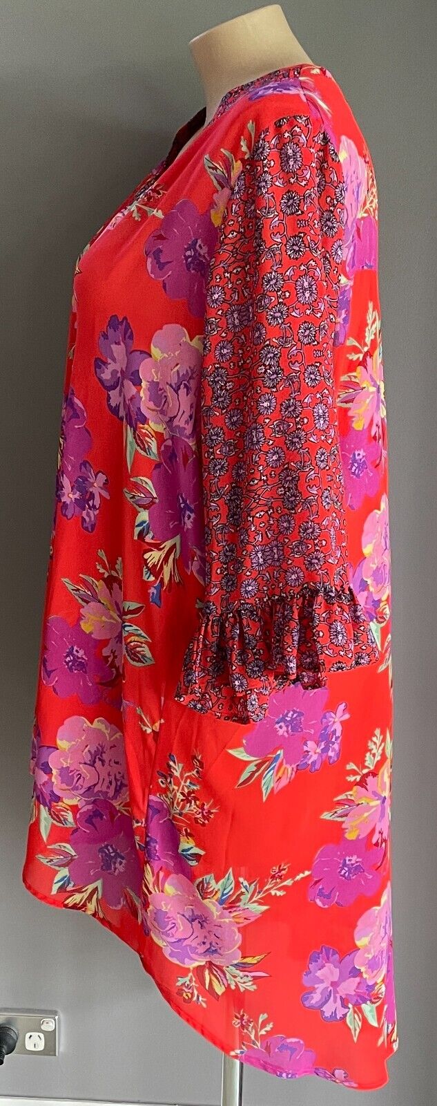 SARA Hi Low Top Bright Orange Floral Print 3/4 Ruffle Sleeve Blouse Plus Size 24