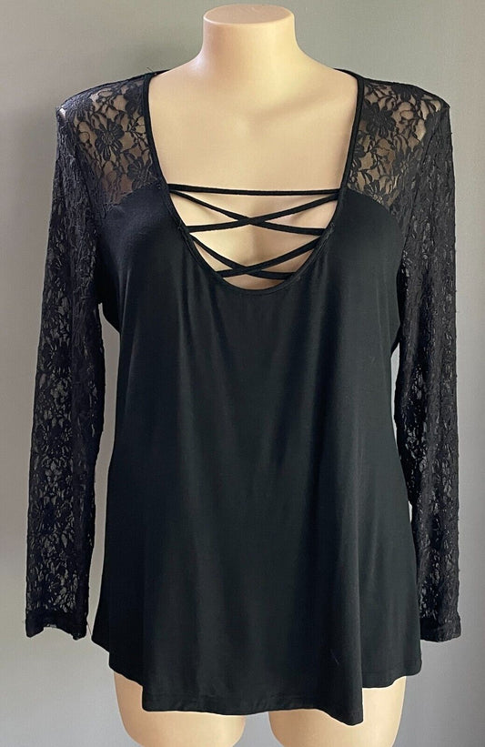 NEXTMIA Top Black Criss Cross Chest Long Sleeve Plus Size 26 Stretch Lace Trim