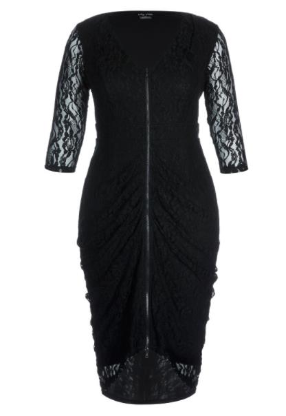 CITY CHIC "Shutter" Midi 3/4 Sleeve Ruched Zipped Black Stretch Lace L NEW