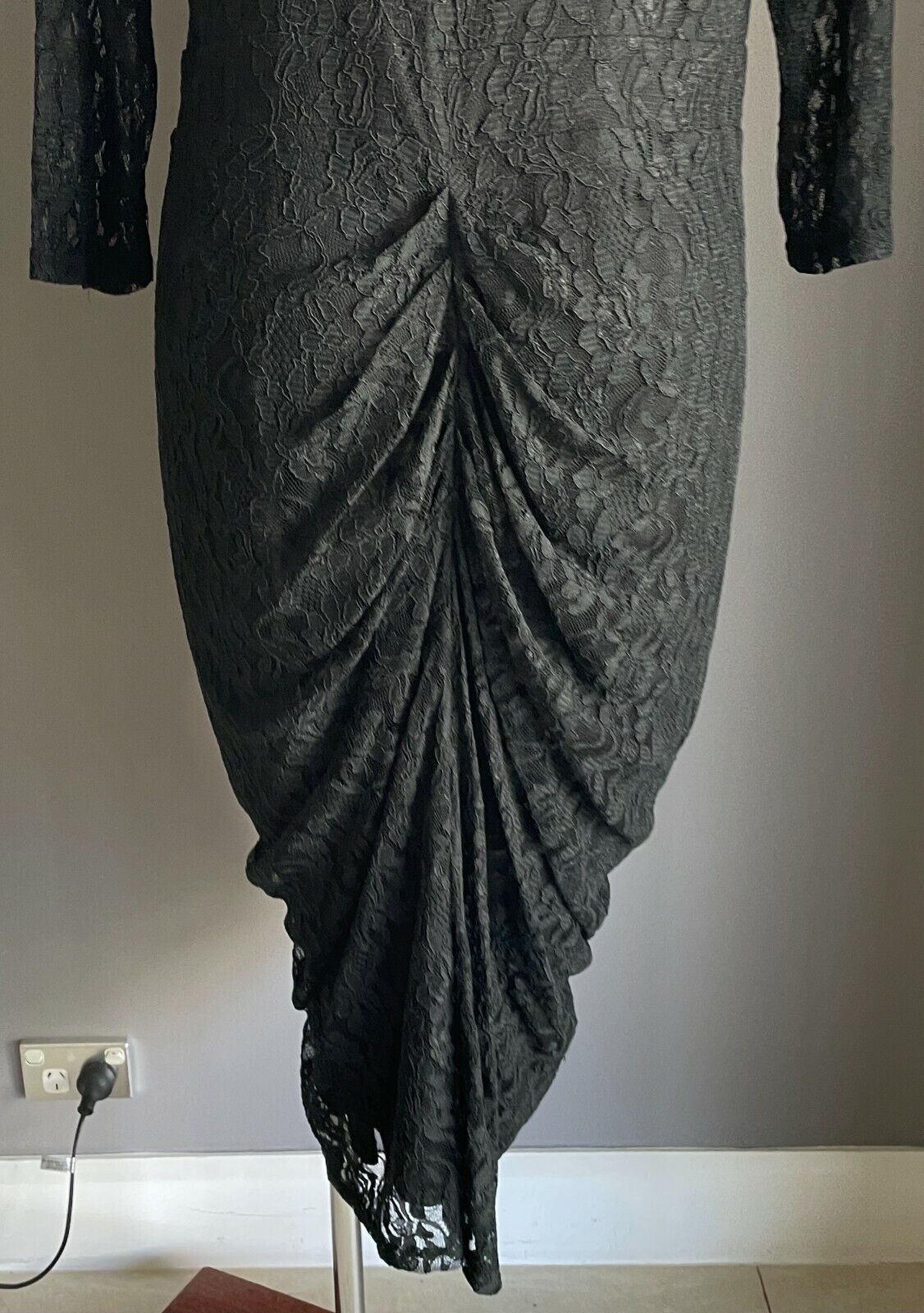 CITY CHIC "Shutter" Midi 3/4 Sleeve Ruched Zipped Black Stretch Lace L NEW