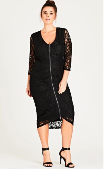 CITY CHIC "Shutter" Midi 3/4 Sleeve Ruched Zipped Black Stretch Lace L NEW