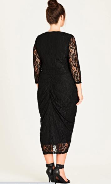 CITY CHIC "Shutter" Midi 3/4 Sleeve Ruched Zipped Black Stretch Lace L NEW