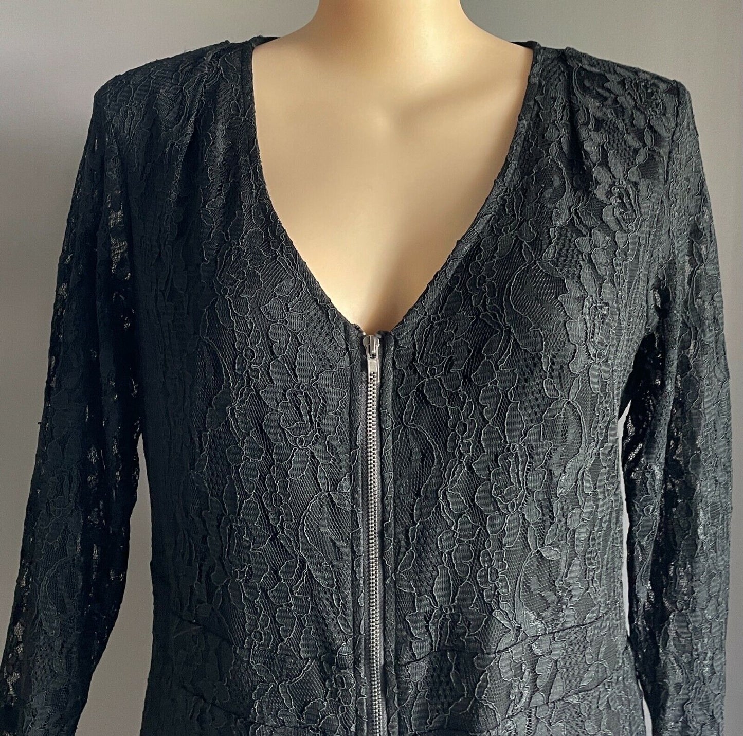 CITY CHIC "Shutter" Midi 3/4 Sleeve Ruched Zipped Black Stretch Lace L NEW
