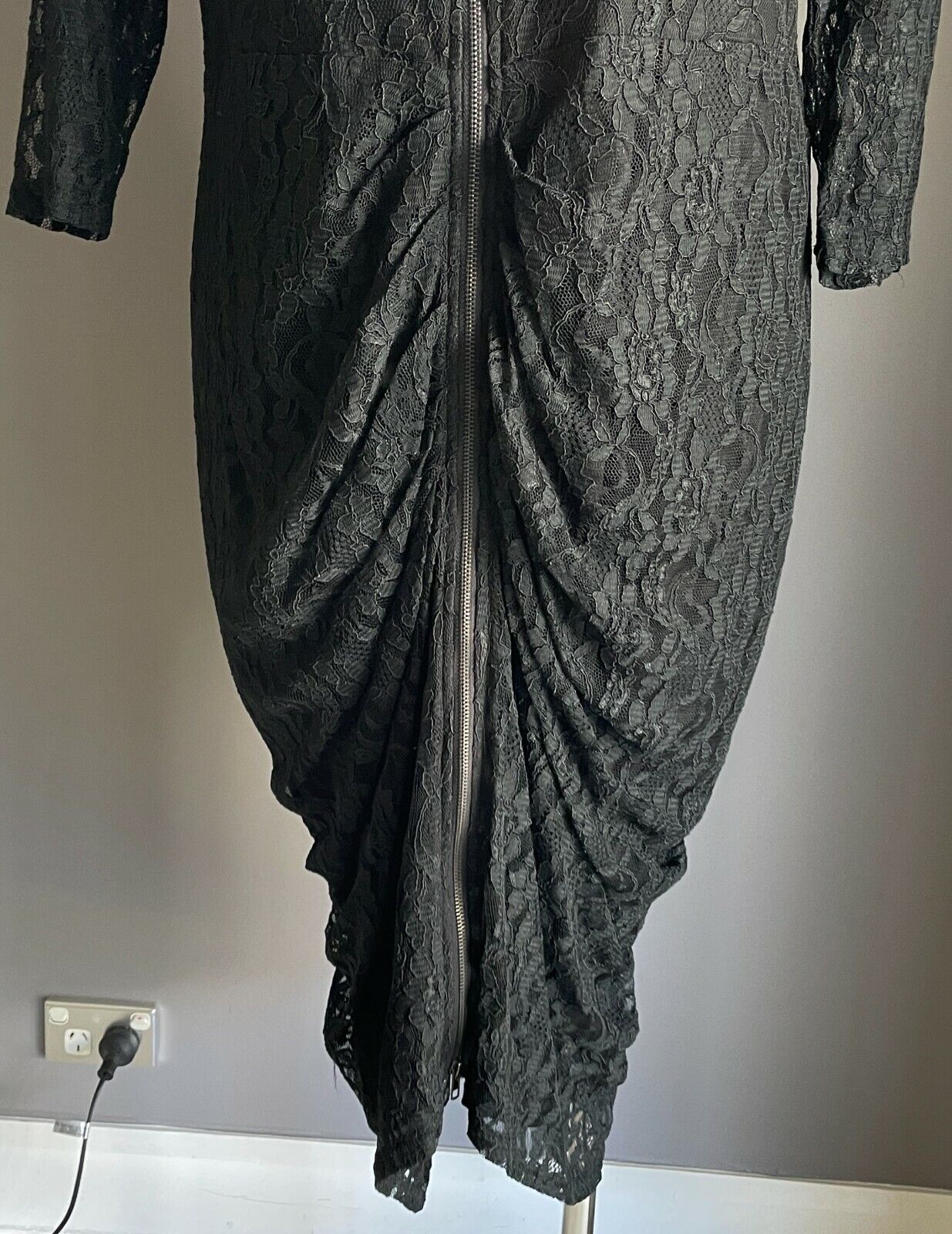 CITY CHIC "Shutter" Midi 3/4 Sleeve Ruched Zipped Black Stretch Lace L NEW
