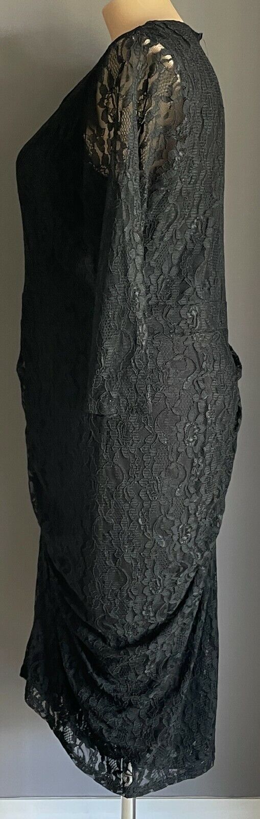 CITY CHIC "Shutter" Midi 3/4 Sleeve Ruched Zipped Black Stretch Lace L NEW