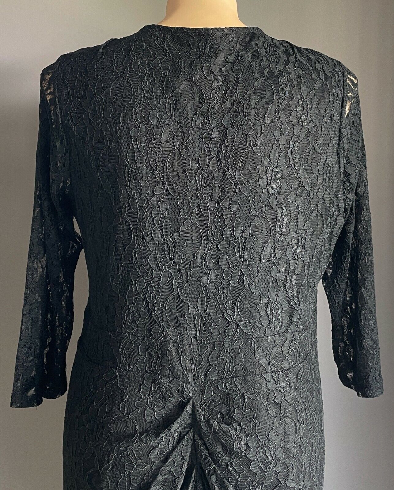CITY CHIC "Shutter" Midi 3/4 Sleeve Ruched Zipped Black Stretch Lace L NEW