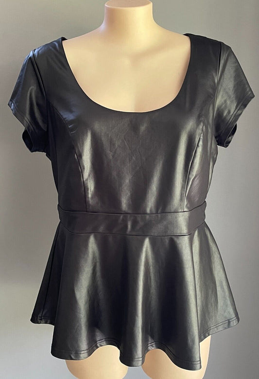 CITY CHIC Black Wet Look Cap Sleeve Stretch Peplum Top Plus Size L