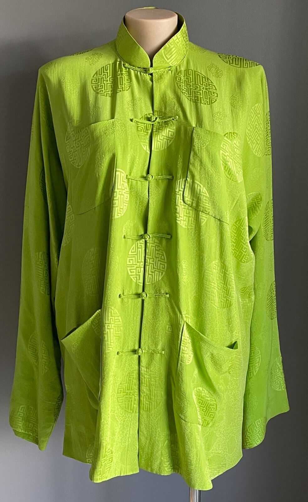 SHANGHAI TANG Lime Green Silk Cheongsam Tang Jacket Print Long Sleeve Size XL 24