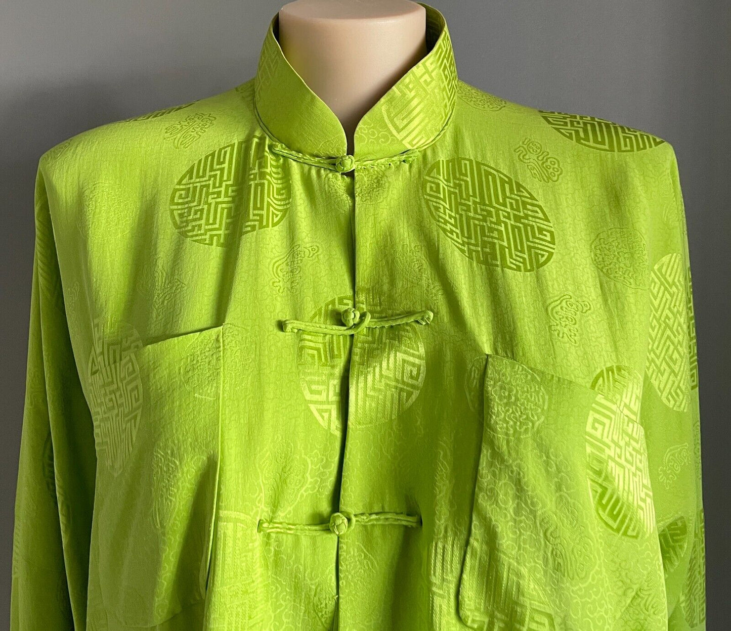 SHANGHAI TANG Lime Green Silk Cheongsam Tang Jacket Print Long Sleeve Size XL 24
