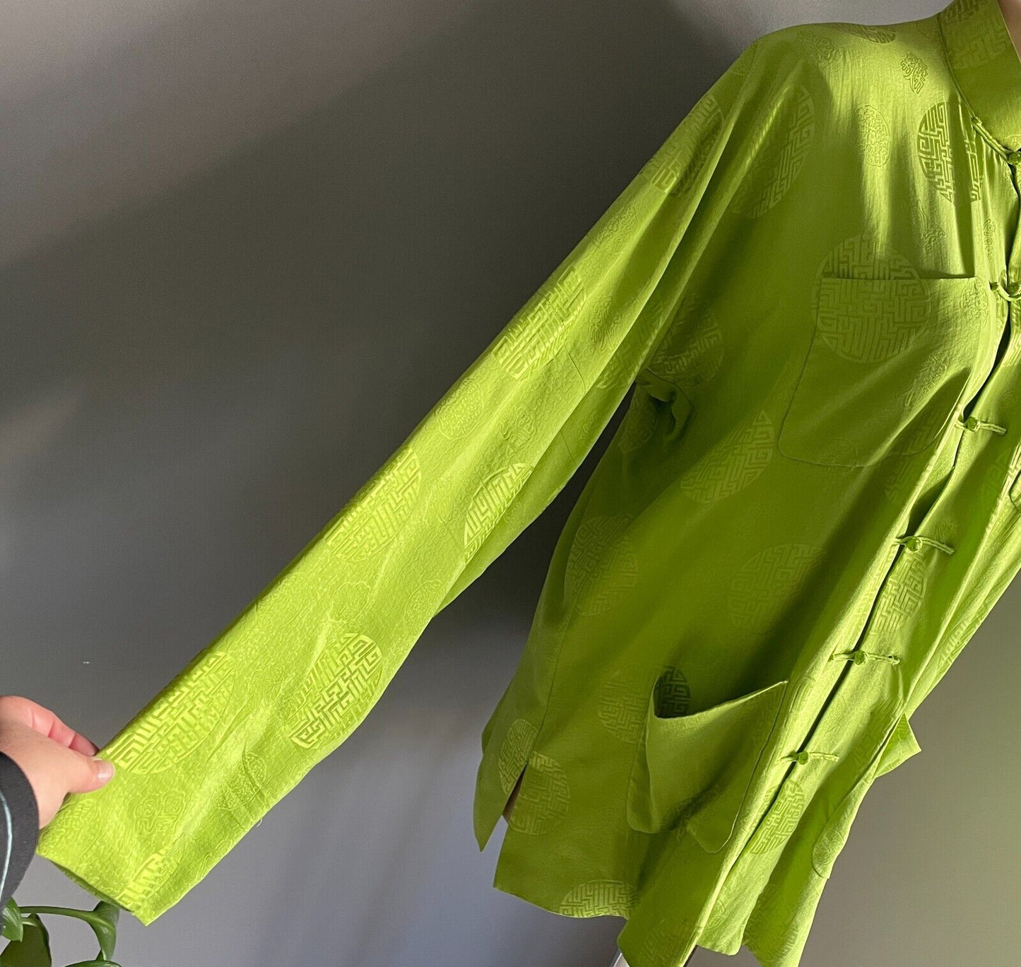 SHANGHAI TANG Lime Green Silk Cheongsam Tang Jacket Print Long Sleeve Size XL 24