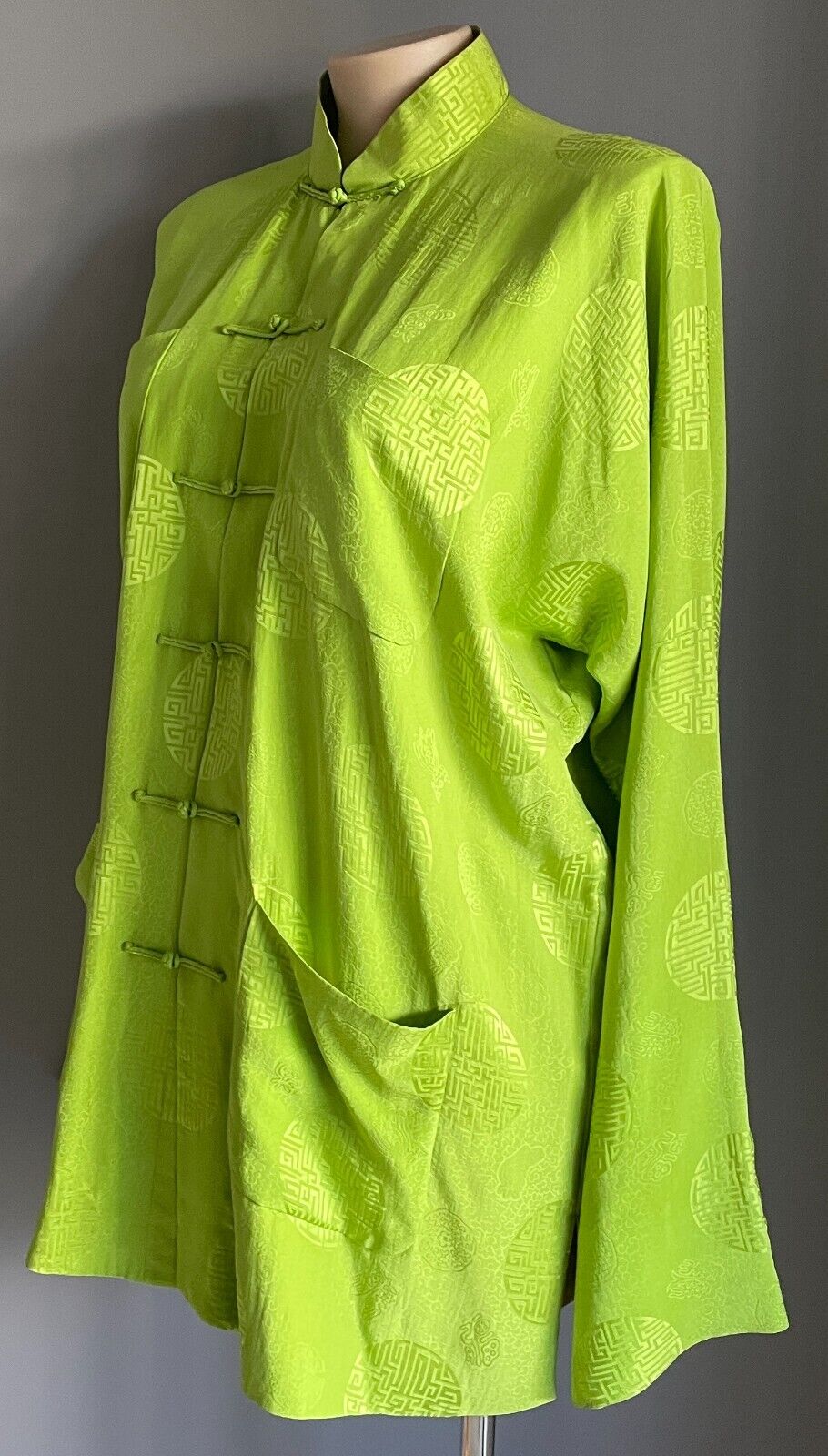 SHANGHAI TANG Lime Green Silk Cheongsam Tang Jacket Print Long Sleeve Size XL 24