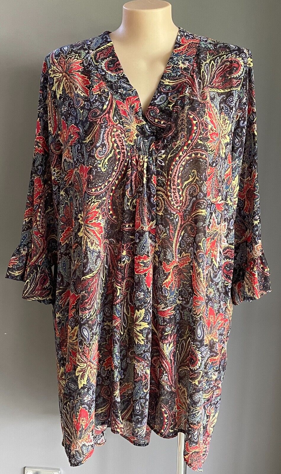 SARA Hi-Lo Hem Blouse Autumn Tone Leaves 3/4 Ruffle Sleeve Top Plus Size 24