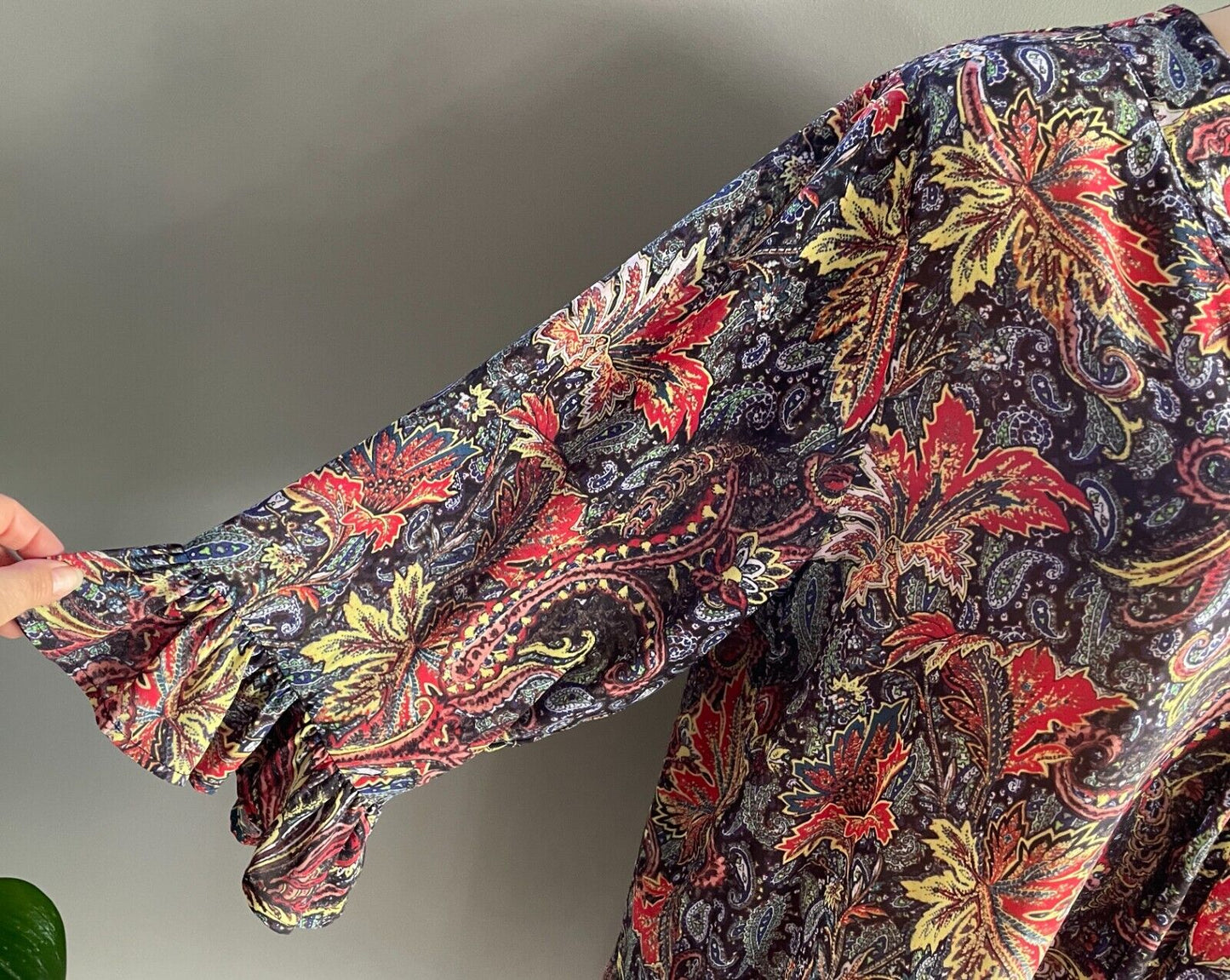 SARA Hi-Lo Hem Blouse Autumn Tone Leaves 3/4 Ruffle Sleeve Top Plus Size 24
