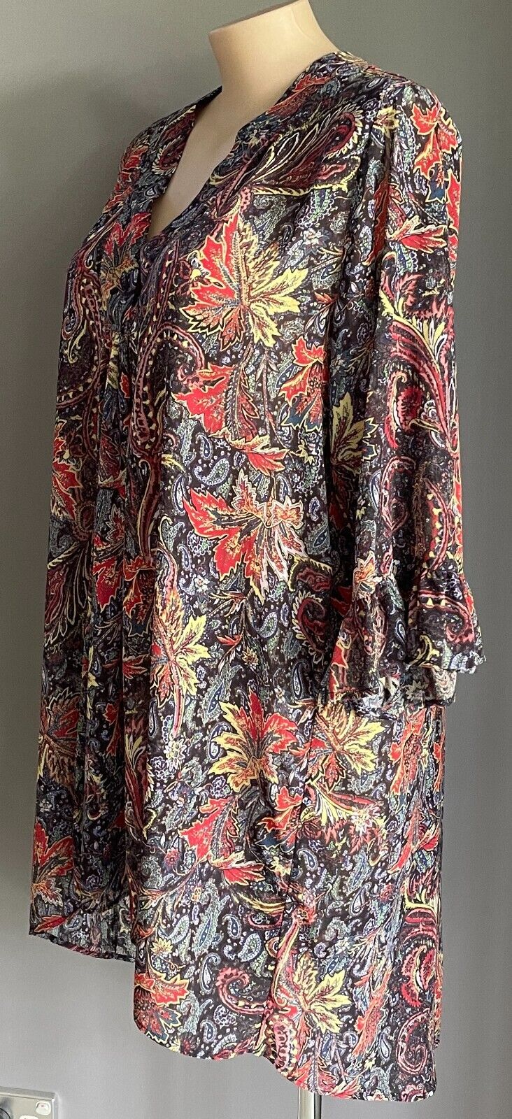 SARA Hi-Lo Hem Blouse Autumn Tone Leaves 3/4 Ruffle Sleeve Top Plus Size 24