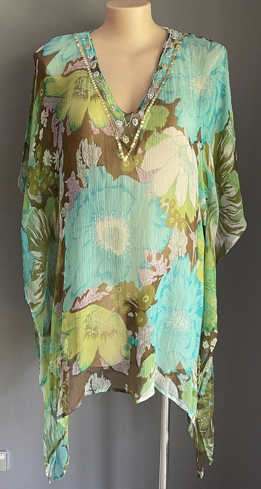 FIREFLY Kaftan Top Collection Silk Floral Print V-Neck Sequin Trim Size L XL NEW