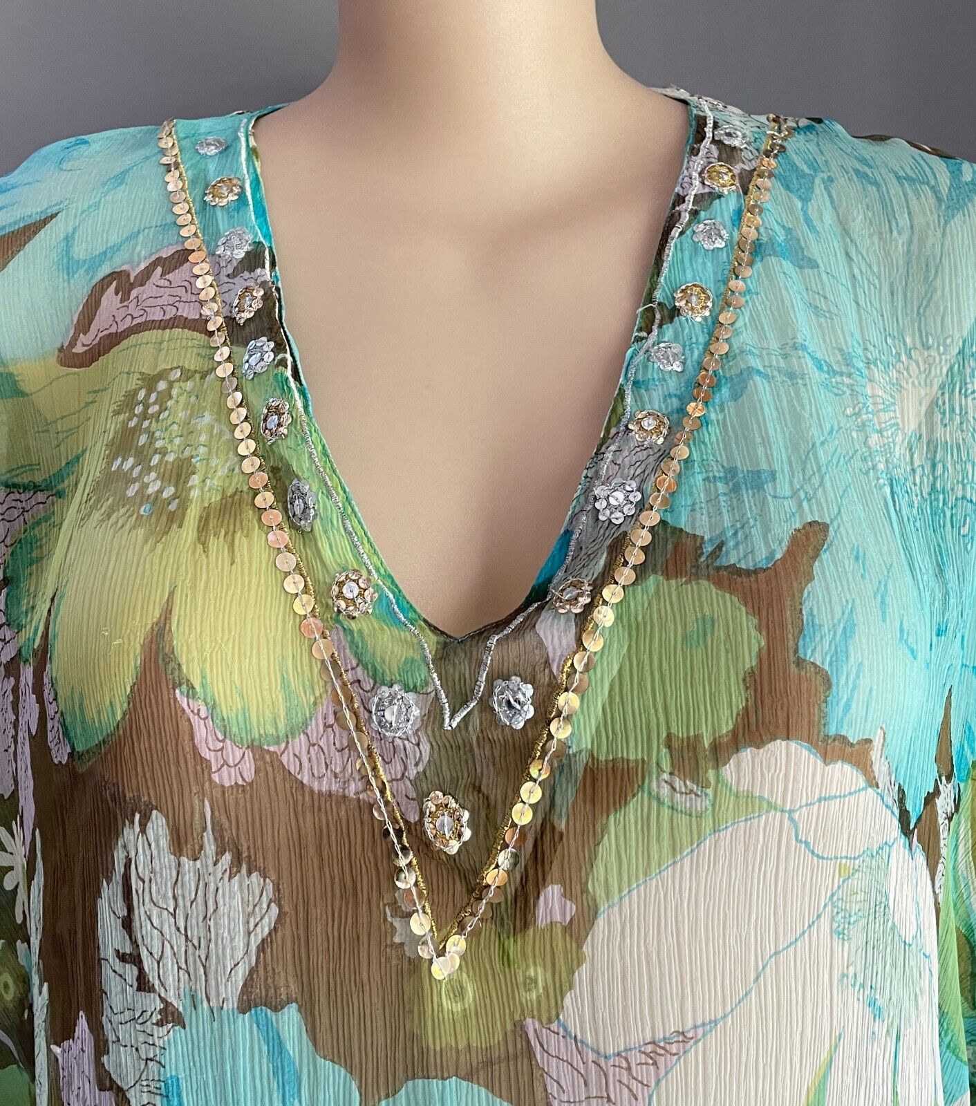 FIREFLY Kaftan Top Collection Silk Floral Print V-Neck Sequin Trim Size L XL NEW