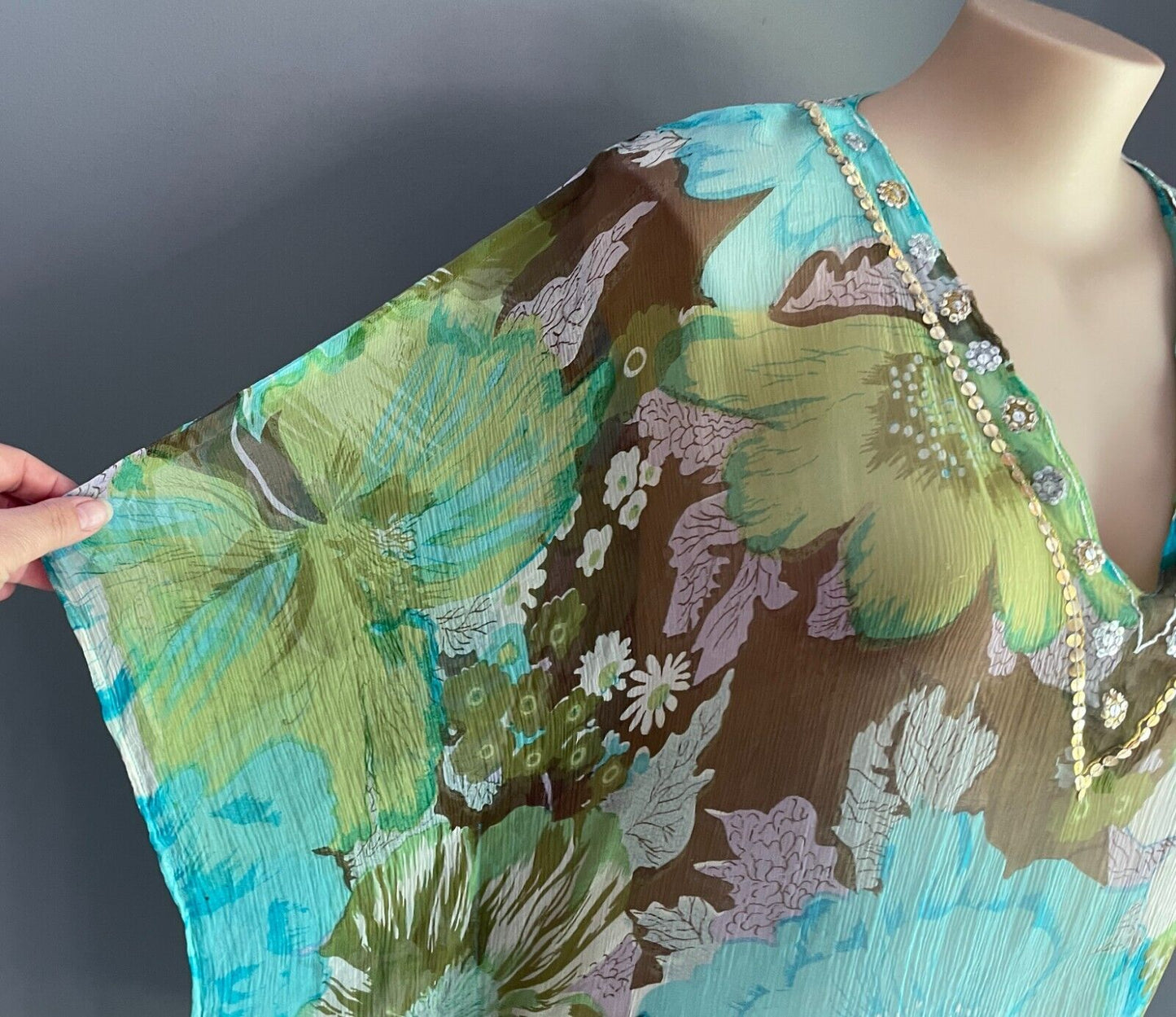 FIREFLY Kaftan Top Collection Silk Floral Print V-Neck Sequin Trim Size L XL NEW