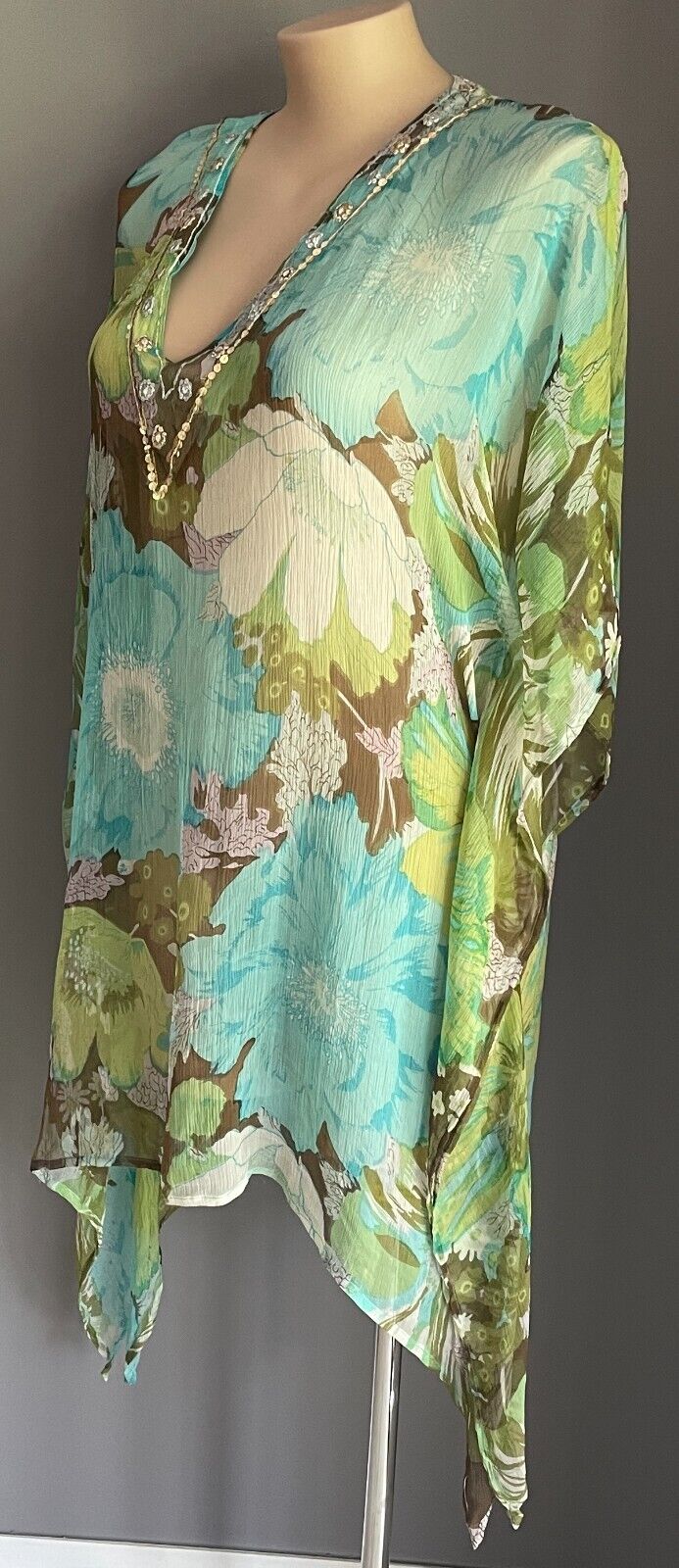 FIREFLY Kaftan Top Collection Silk Floral Print V-Neck Sequin Trim Size L XL NEW