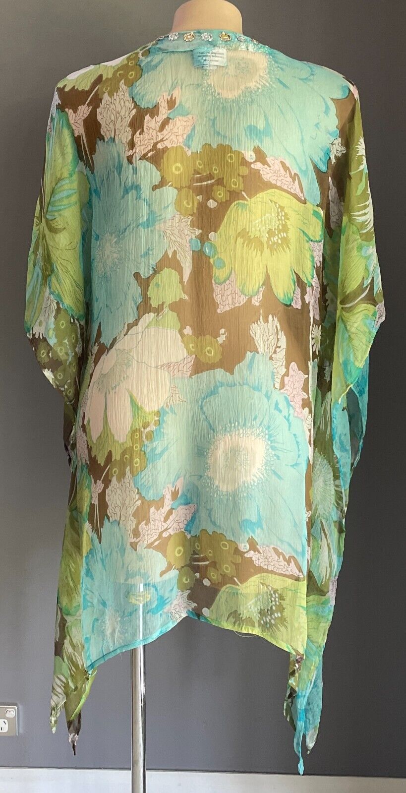 FIREFLY Kaftan Top Collection Silk Floral Print V-Neck Sequin Trim Size L XL NEW