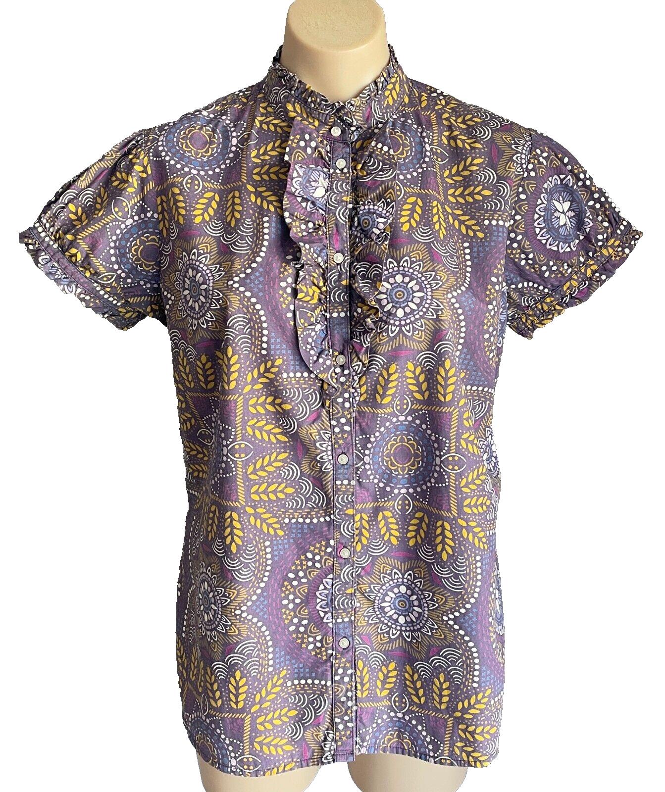 GAP Top Purple Multicolour Batik Print Short Sleeve Blouse Ruffle Trim Size L 12