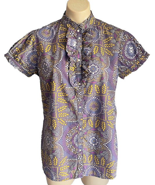 GAP Top Purple Multicolour Batik Print Short Sleeve Blouse Ruffle Trim Size L 12