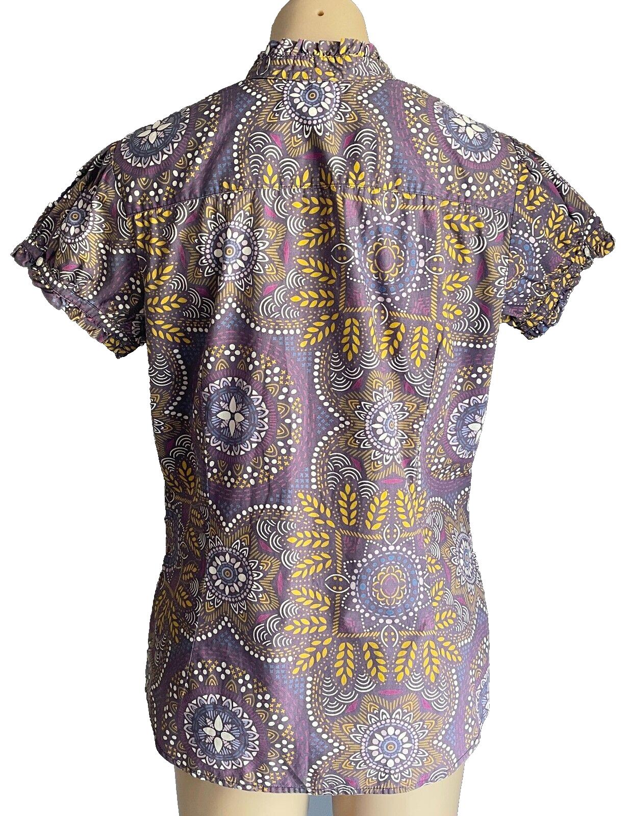 GAP Top Purple Multicolour Batik Print Short Sleeve Blouse Ruffle Trim Size L 12