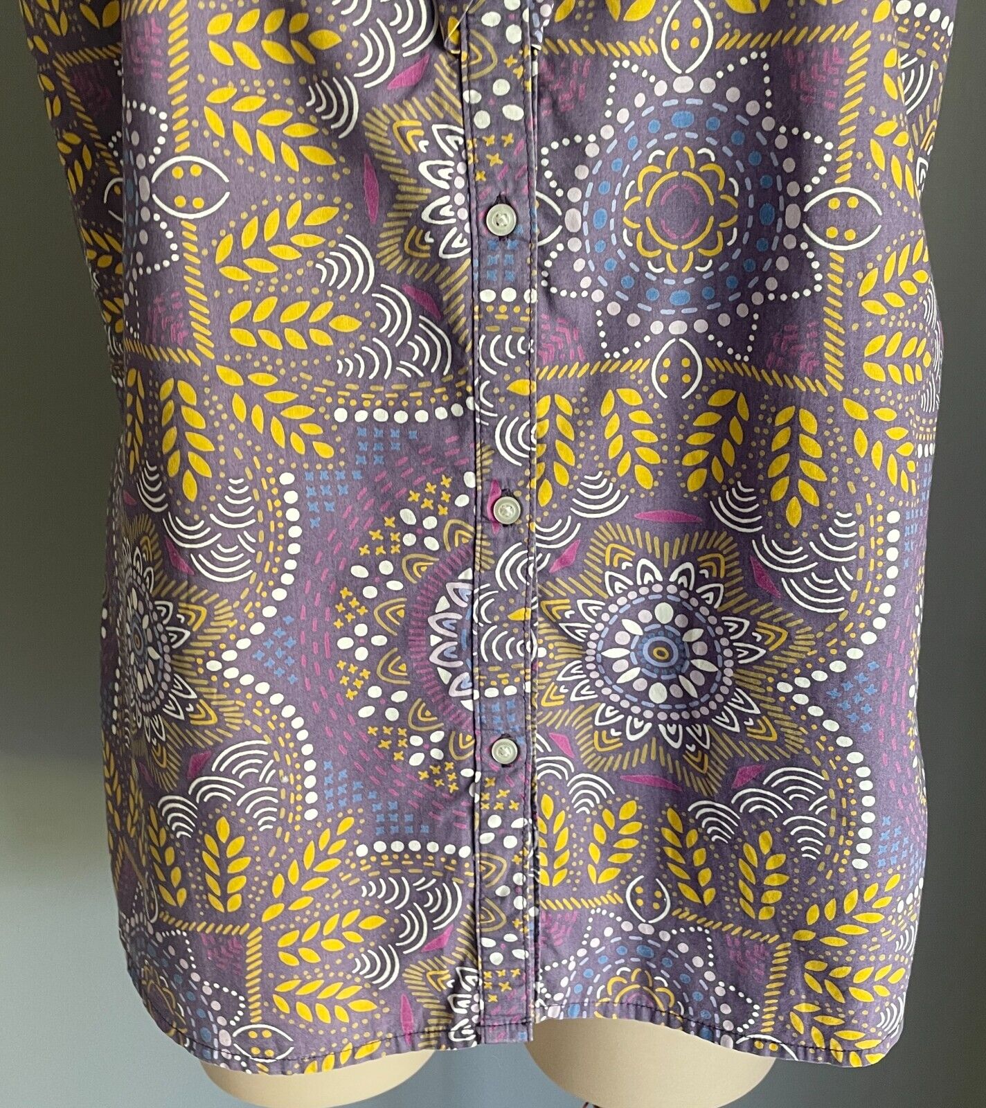 GAP Top Purple Multicolour Batik Print Short Sleeve Blouse Ruffle Trim Size L 12