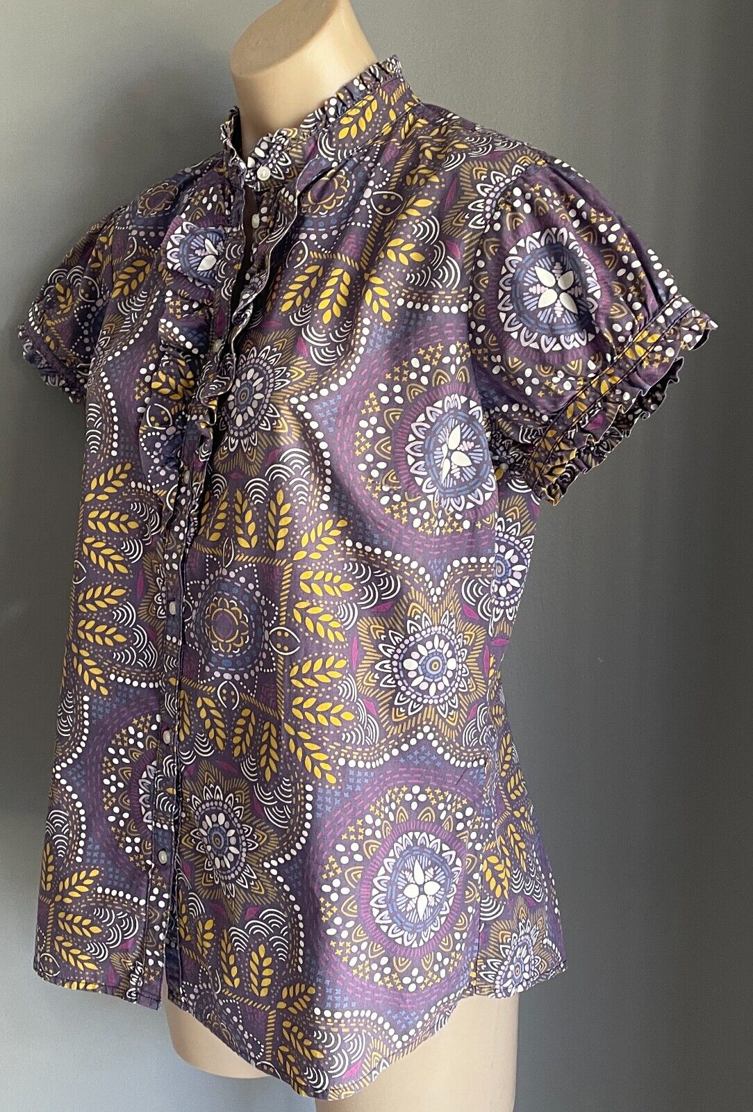 GAP Top Purple Multicolour Batik Print Short Sleeve Blouse Ruffle Trim Size L 12