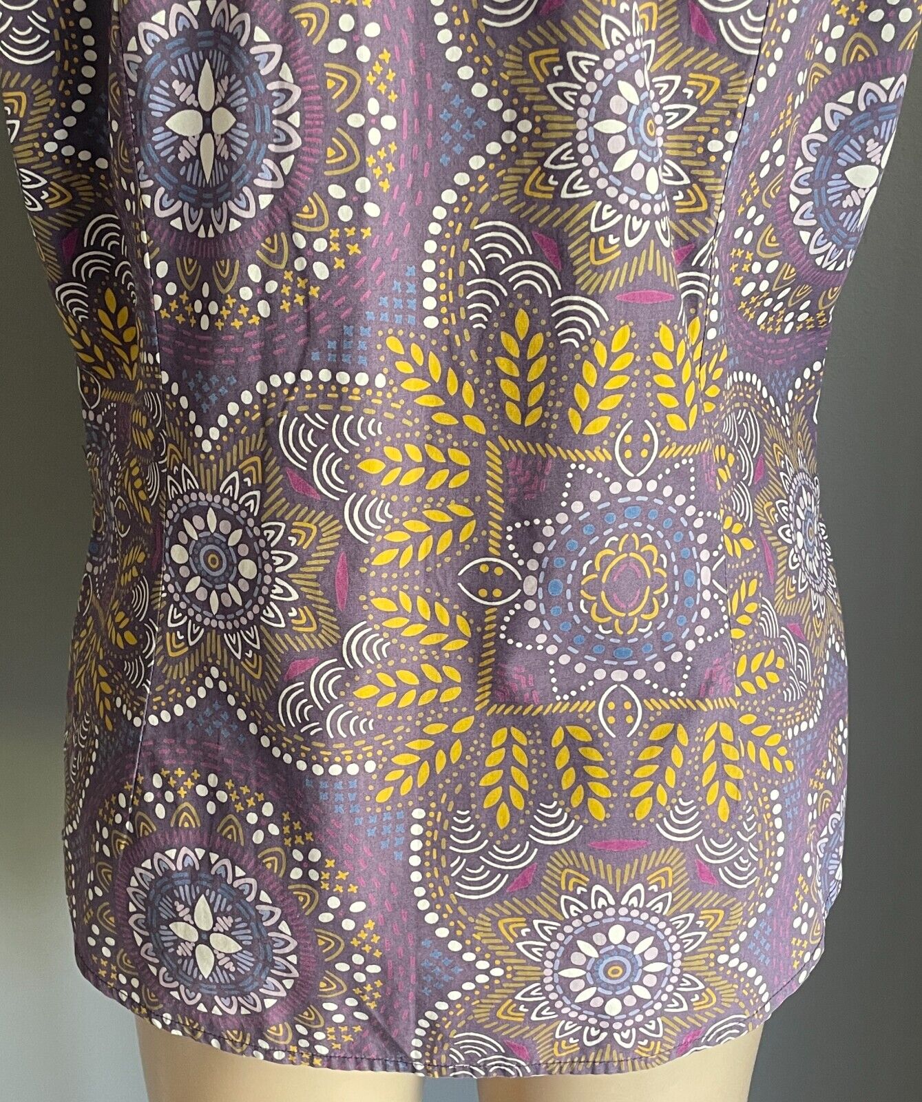 GAP Top Purple Multicolour Batik Print Short Sleeve Blouse Ruffle Trim Size L 12