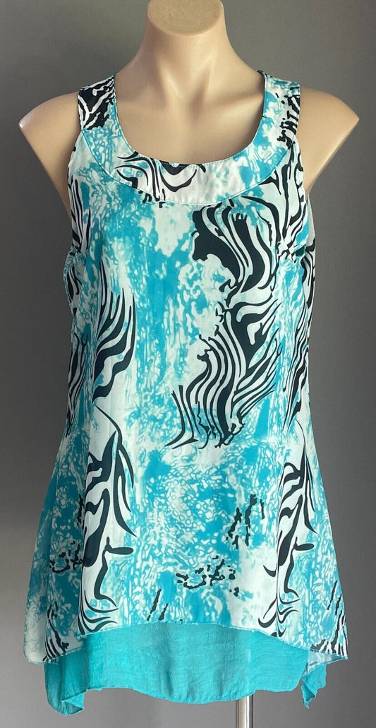 Gorgeous Top Dip Hem Mini Blue Green Black White Multi Print Sleeveless Sz L 12