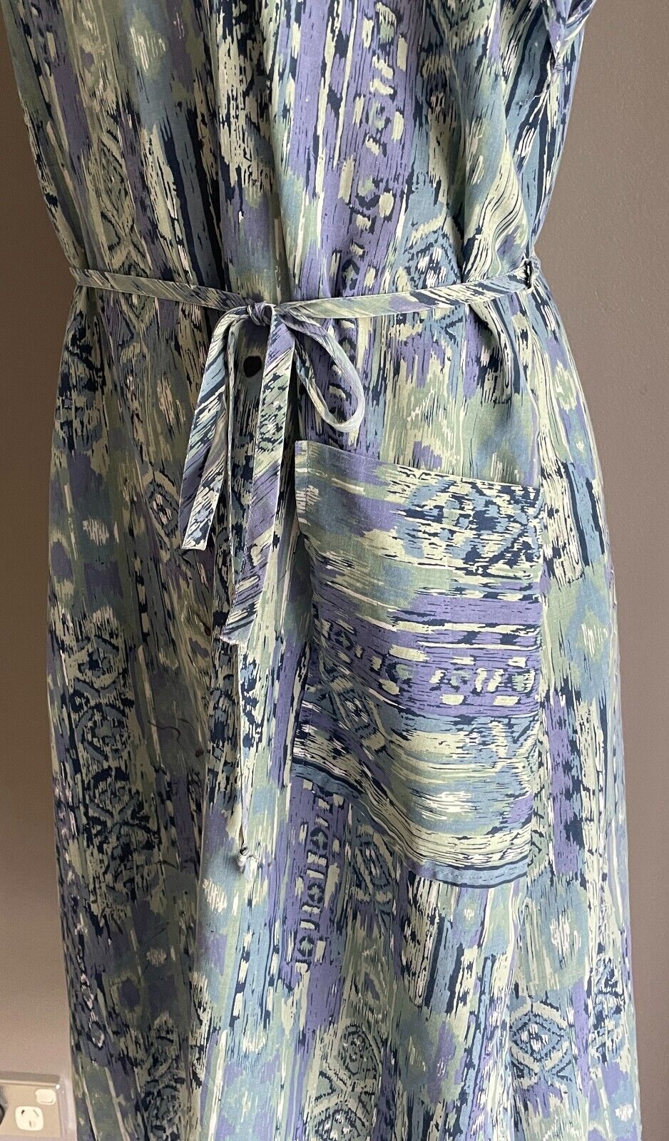 1970s Dress Blue Green White Cuffed Sleeve Size 16 Lightweight Pockets Waist Tie