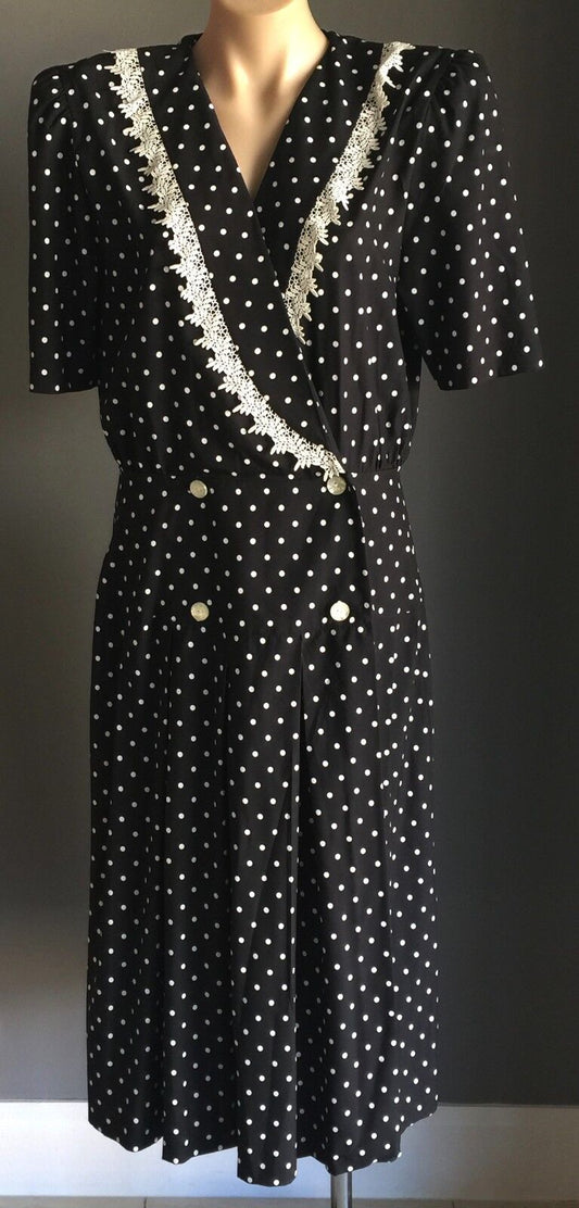 Vtg 1990's STITCHES Dress Black White Polka Dot Short Sleeve Frock Size 16 NEW