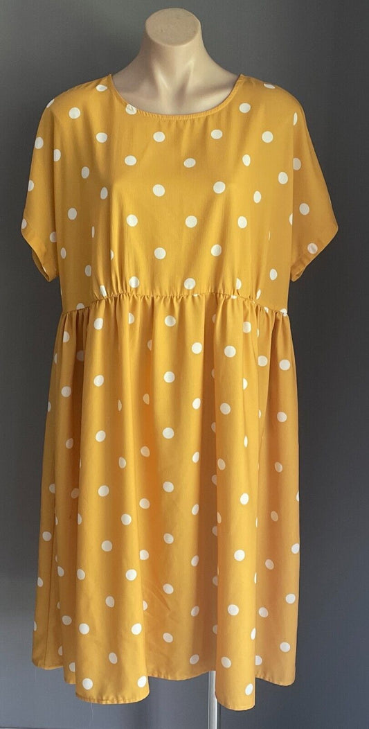LORRAINE Midi Dress Yellow White Polka Dot Extended Sleeve Gathered Waist Sz 16