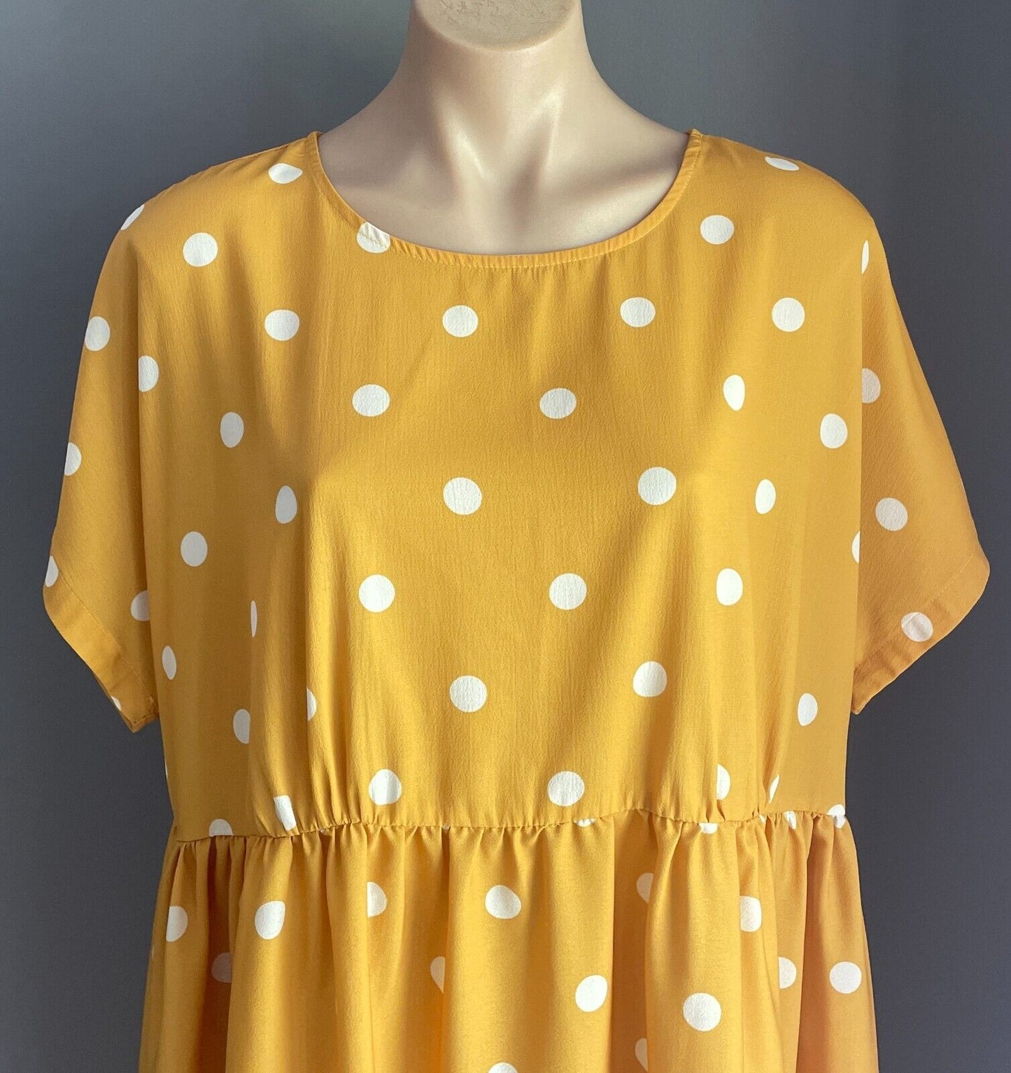 LORRAINE Midi Dress Yellow White Polka Dot Extended Sleeve Gathered Waist Sz 16