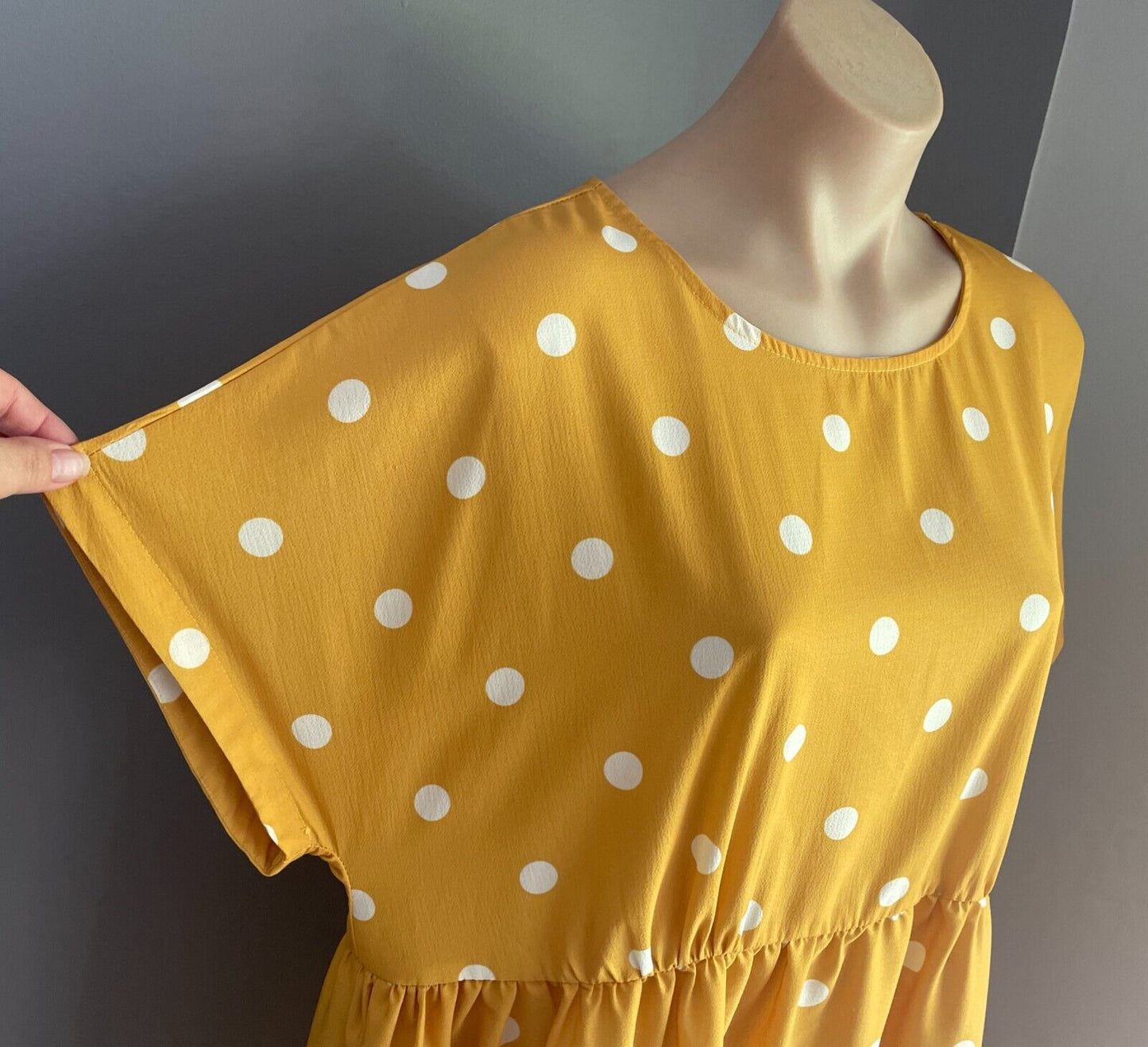 LORRAINE Midi Dress Yellow White Polka Dot Extended Sleeve Gathered Waist Sz 16
