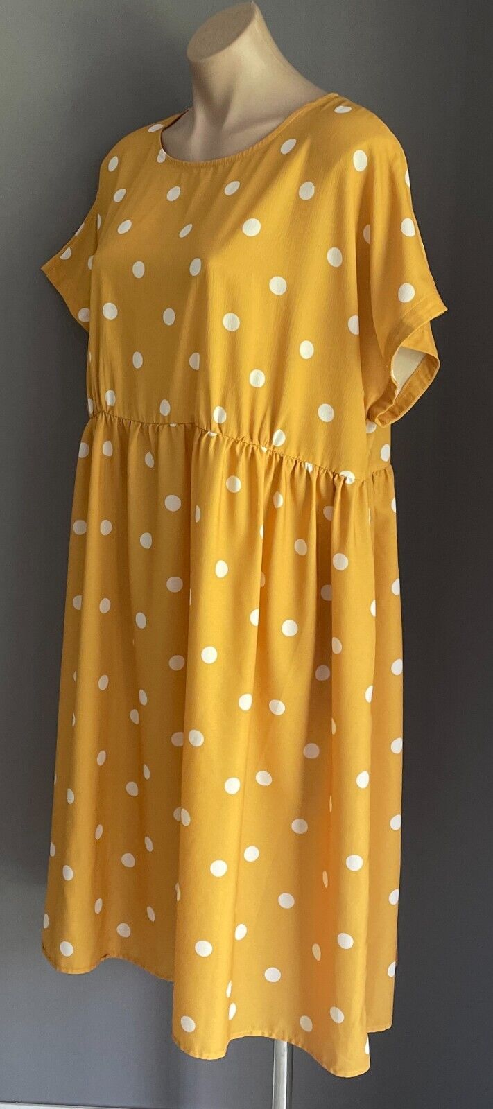 LORRAINE Midi Dress Yellow White Polka Dot Extended Sleeve Gathered Waist Sz 16