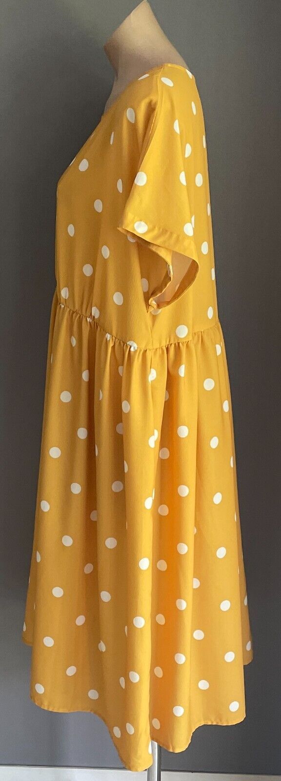 LORRAINE Midi Dress Yellow White Polka Dot Extended Sleeve Gathered Waist Sz 16