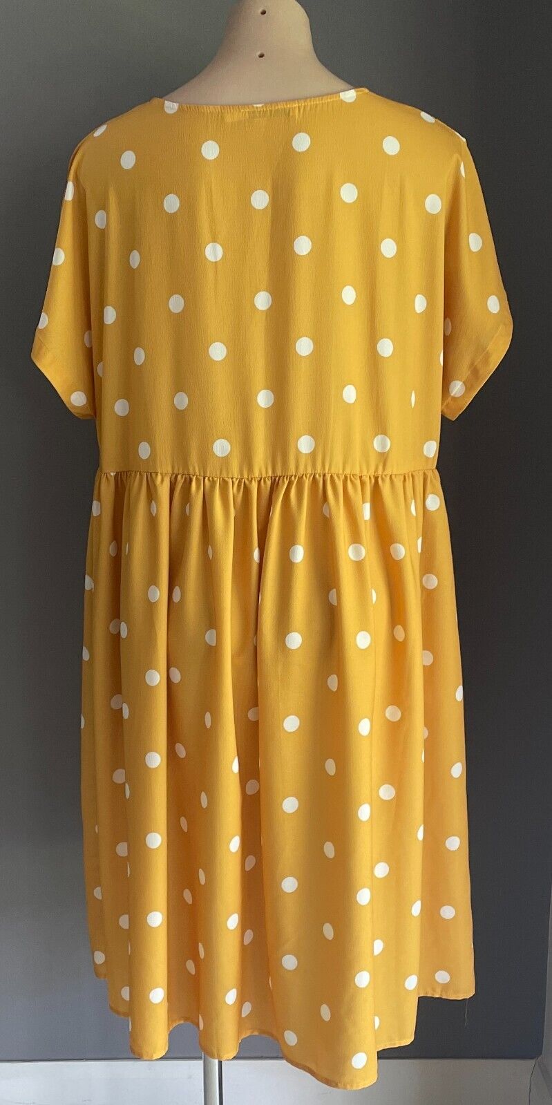 LORRAINE Midi Dress Yellow White Polka Dot Extended Sleeve Gathered Waist Sz 16