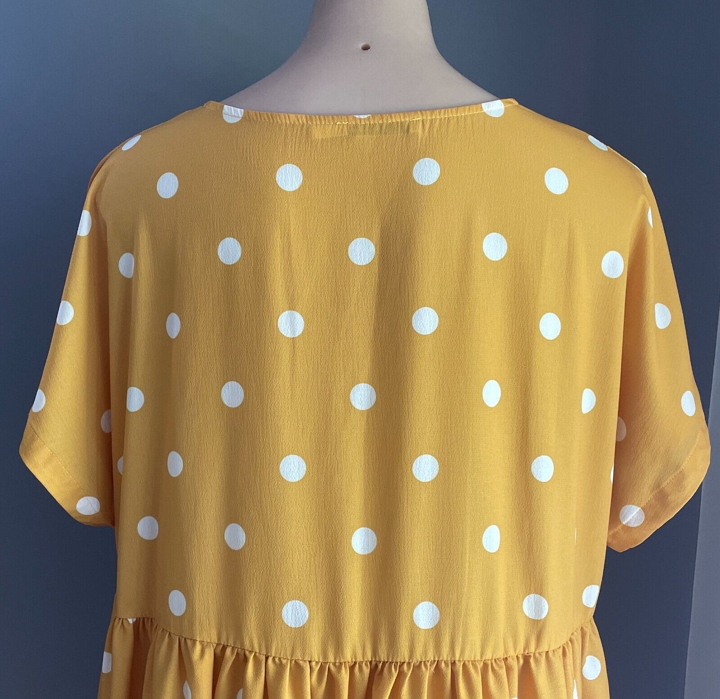 LORRAINE Midi Dress Yellow White Polka Dot Extended Sleeve Gathered Waist Sz 16