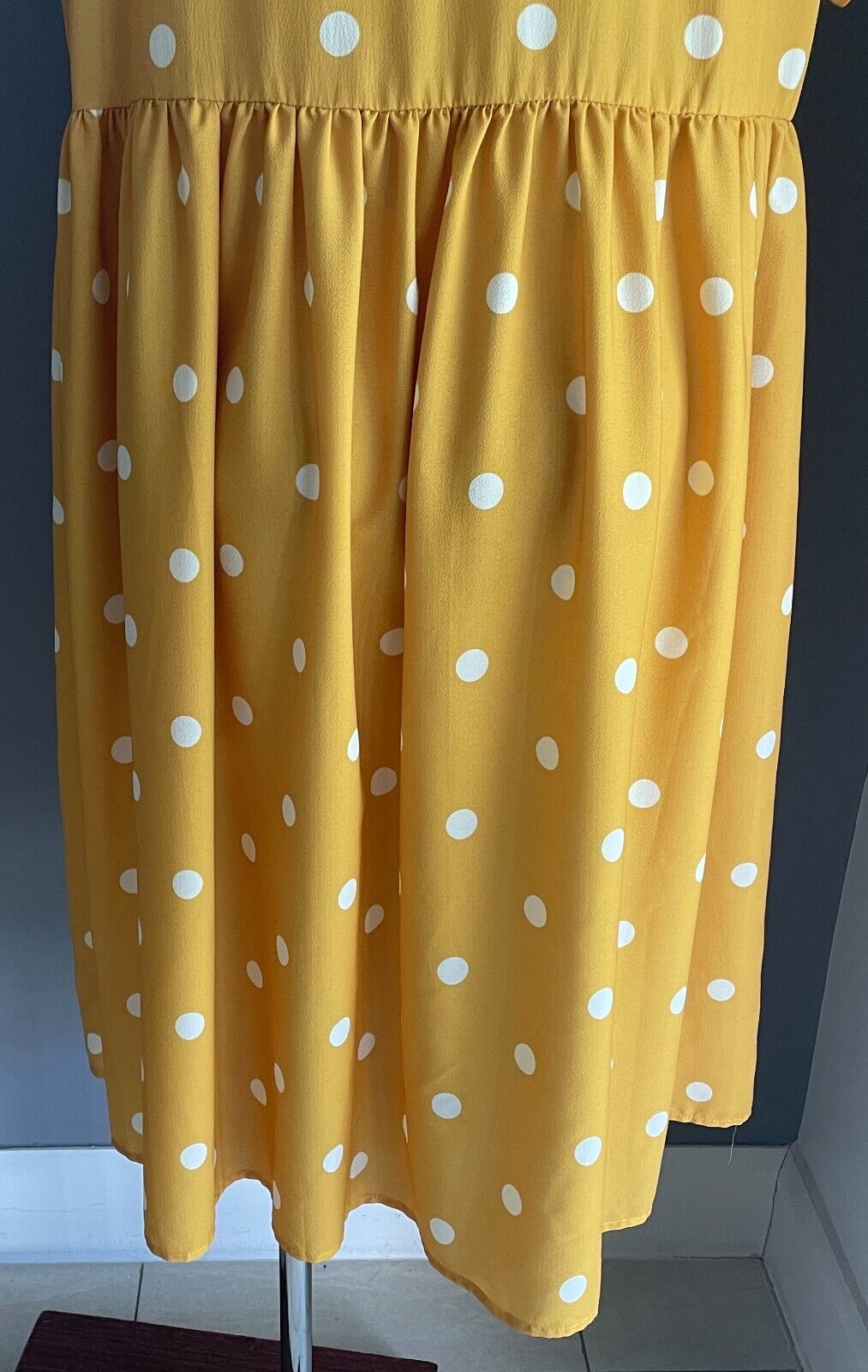 LORRAINE Midi Dress Yellow White Polka Dot Extended Sleeve Gathered Waist Sz 16