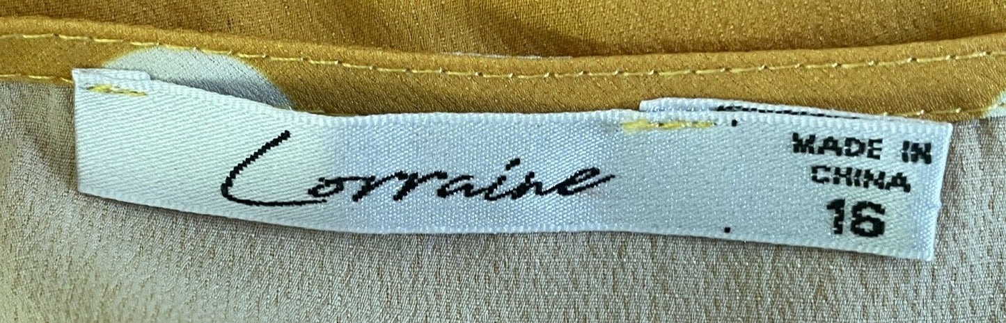 LORRAINE Midi Dress Yellow White Polka Dot Extended Sleeve Gathered Waist Sz 16