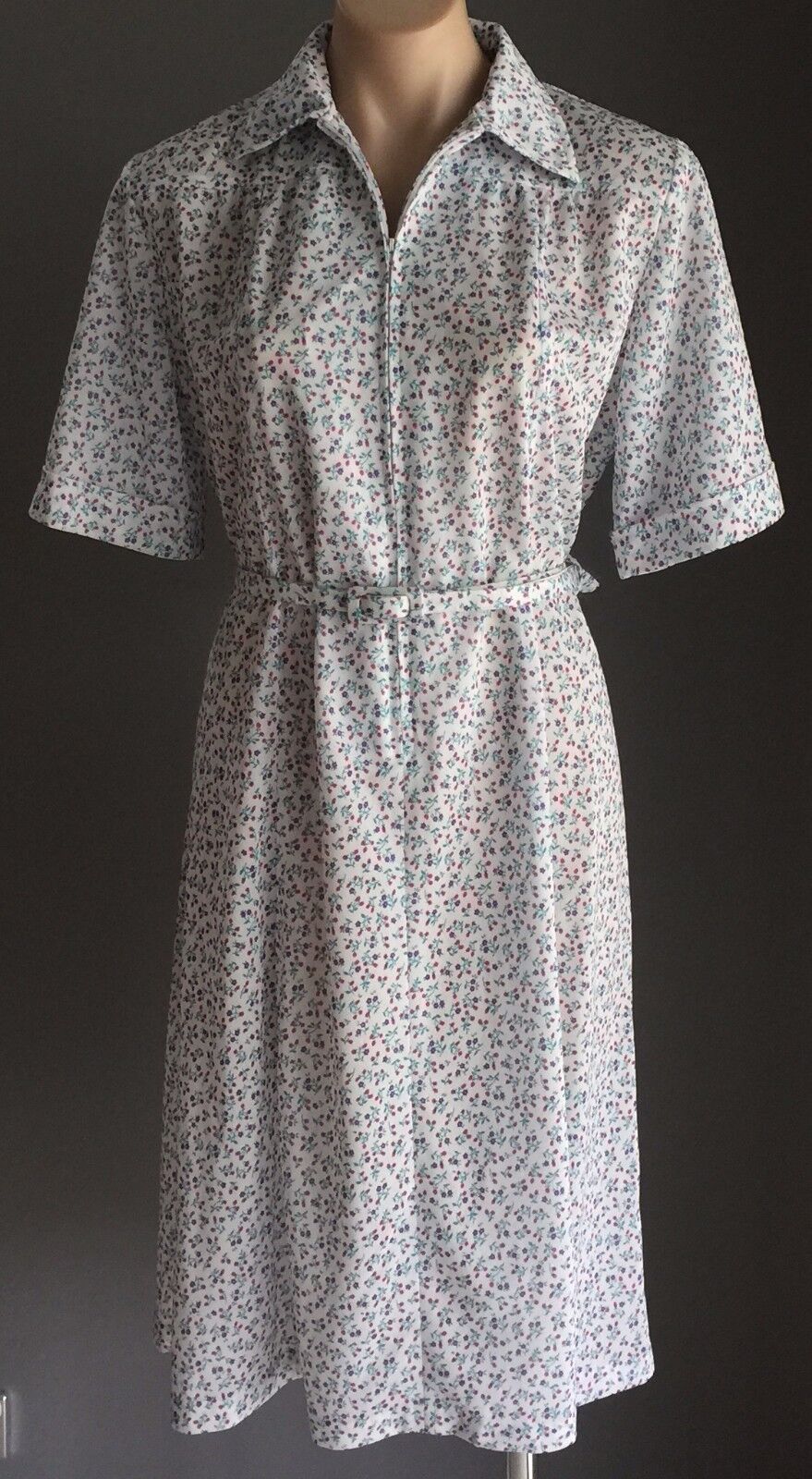 ANTONIA of SYDNEY Floral Print Dress Pink Purple Aqua White Waist Belt Sz 16 Vtg