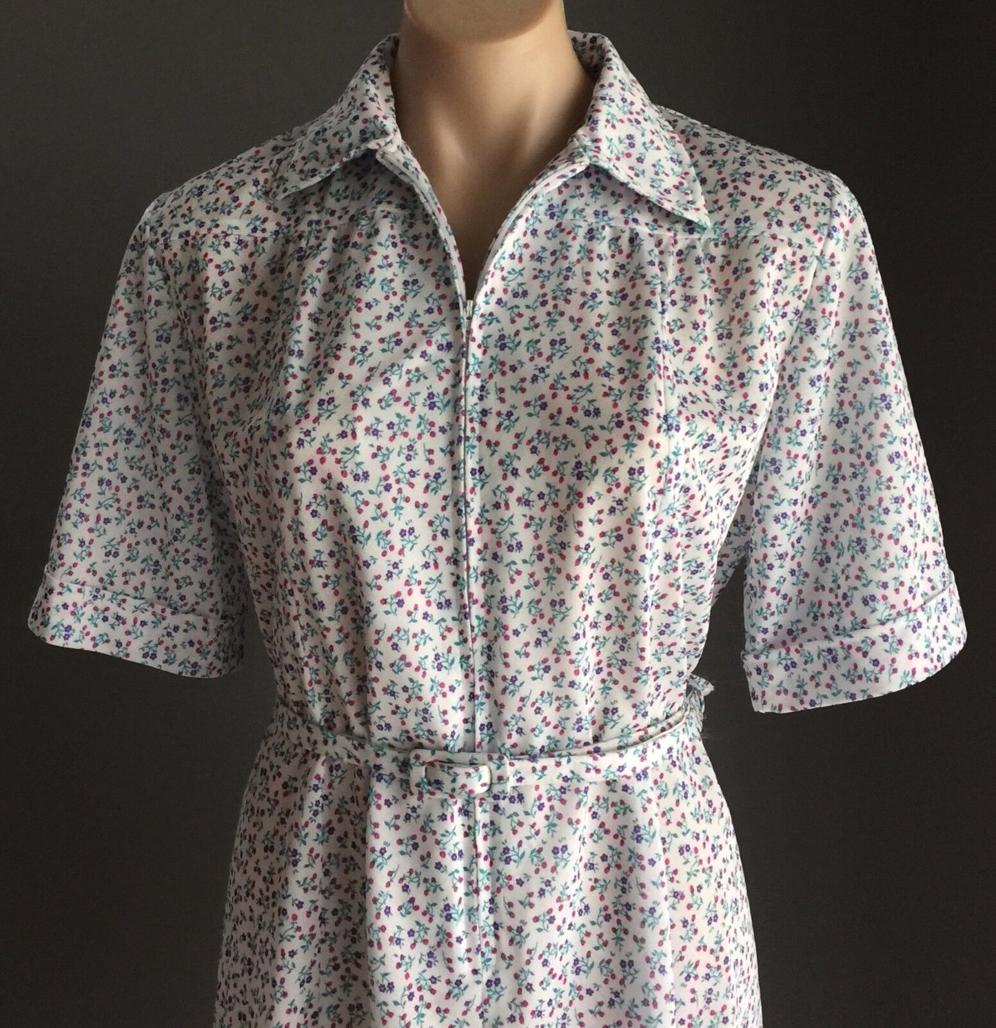 ANTONIA of SYDNEY Floral Print Dress Pink Purple Aqua White Waist Belt Sz 16 Vtg