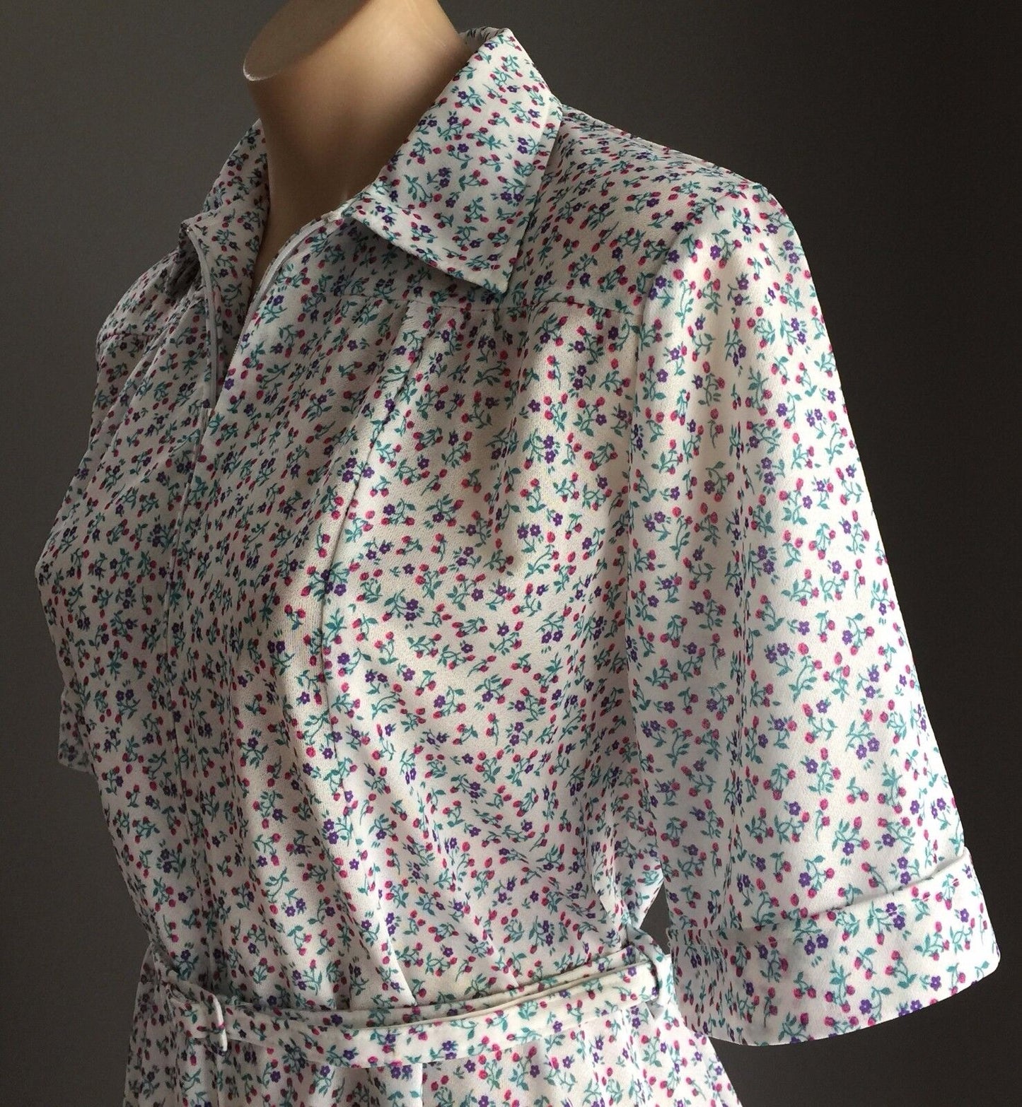 ANTONIA of SYDNEY Floral Print Dress Pink Purple Aqua White Waist Belt Sz 16 Vtg
