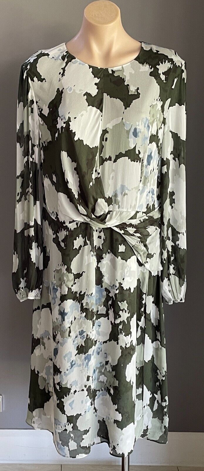 DAVID LAWRENCE Shift Dress Khaki Grey Blue Long Sleeve Twist Front Detail Sz 16