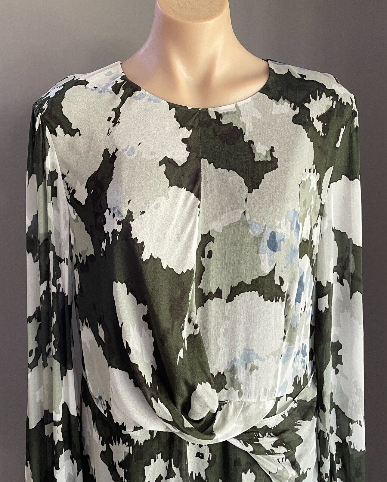 DAVID LAWRENCE Shift Dress Khaki Grey Blue Long Sleeve Twist Front Detail Sz 16