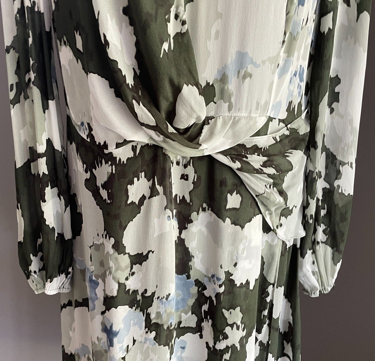 DAVID LAWRENCE Shift Dress Khaki Grey Blue Long Sleeve Twist Front Detail Sz 16