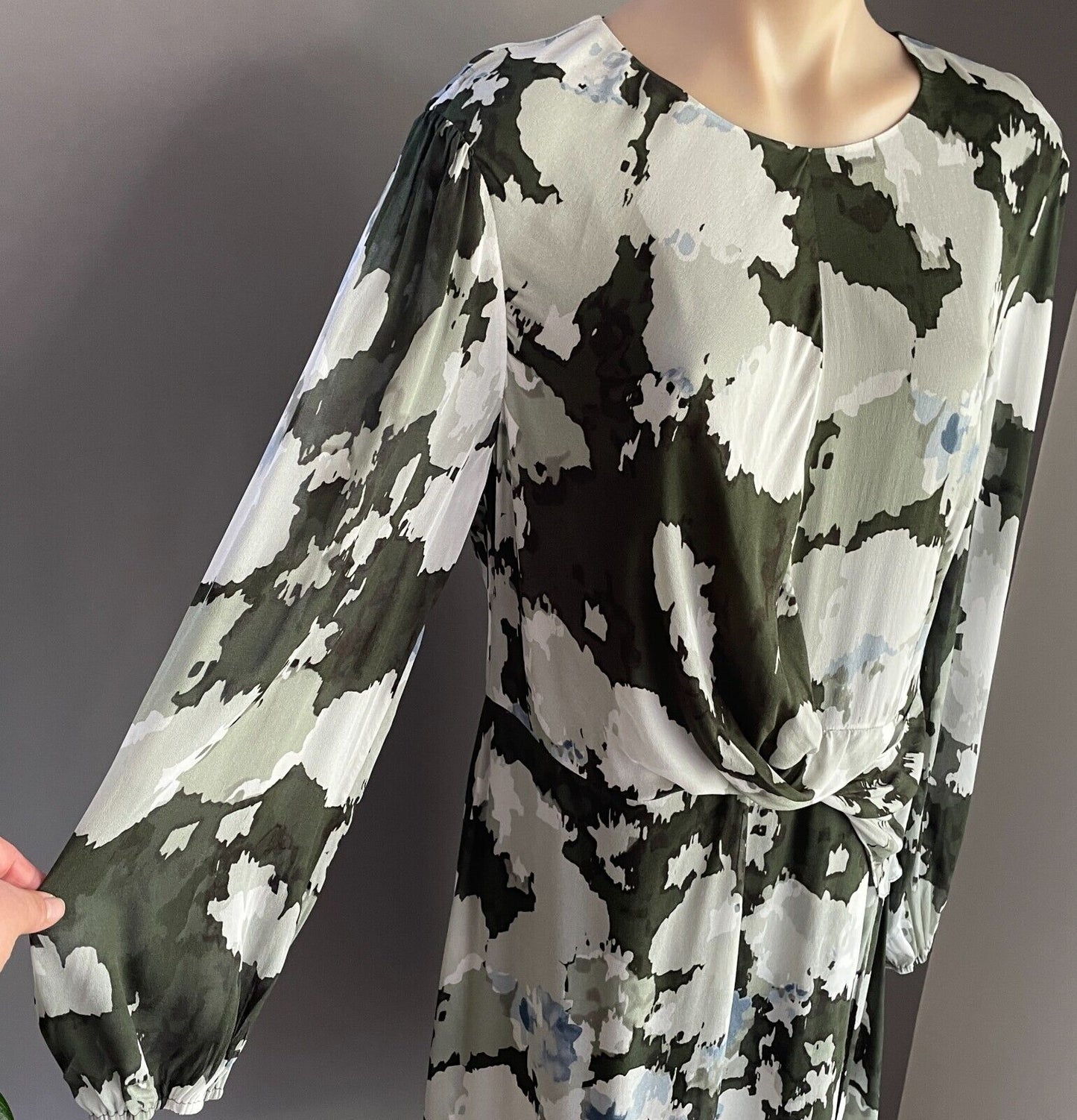 DAVID LAWRENCE Shift Dress Khaki Grey Blue Long Sleeve Twist Front Detail Sz 16